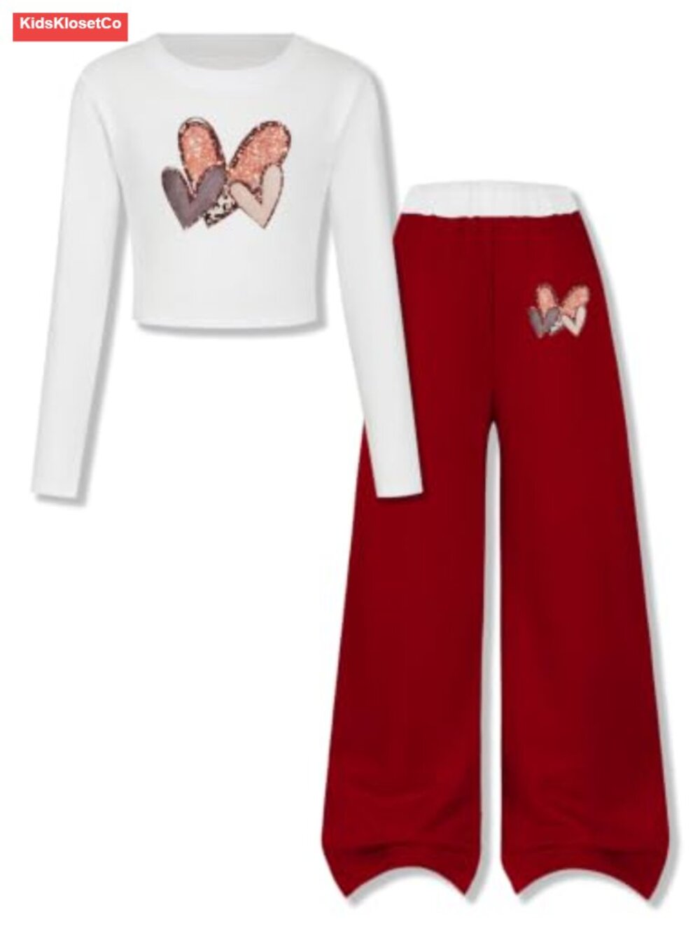 Girls 2PC Cotton Blend Heart Print Long Sleeve Top & Straight Pants Set 7-14Y